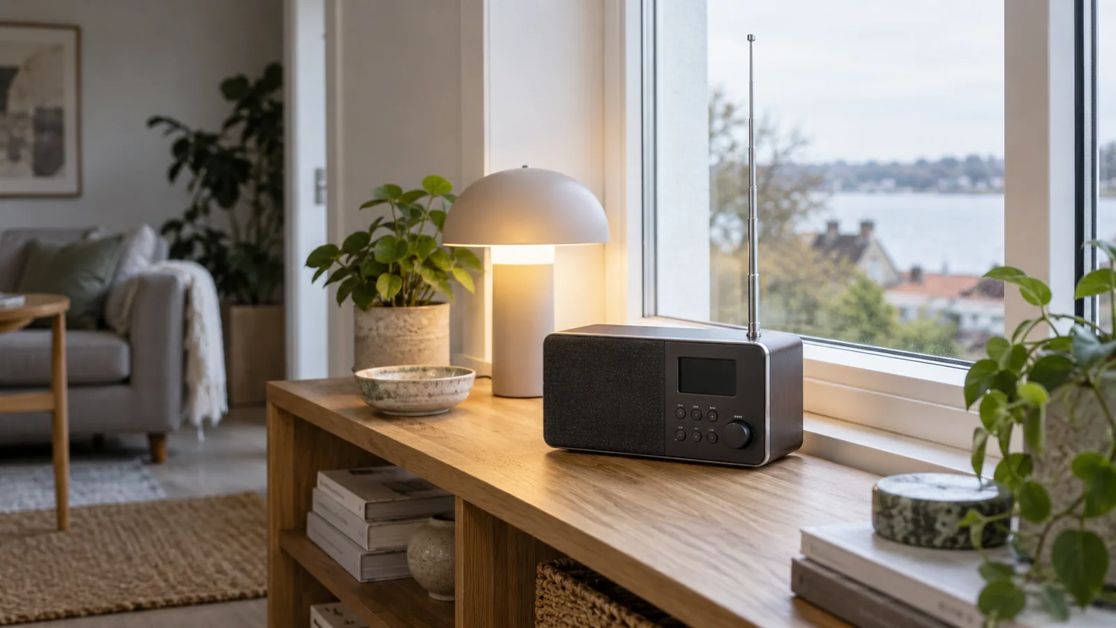 DAB-radio med udslået antenne placeret ved et vindue