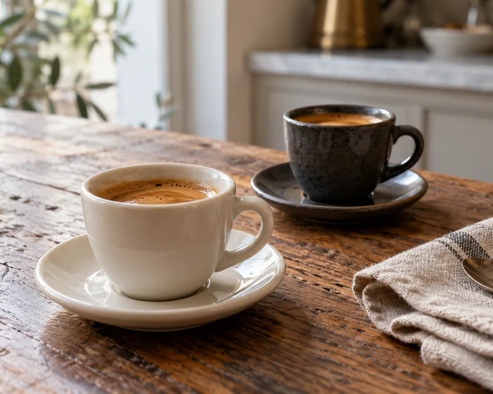 To små keramikkopper med espresso på et træbord i blødt morgenlys