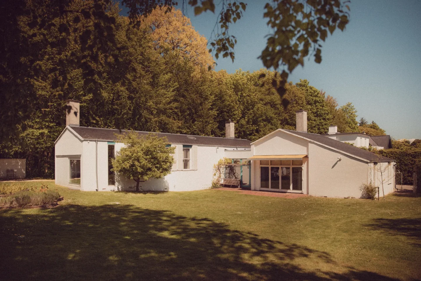 Finn Juhls hvide hus set fra haven med store vinduer og skov i baggrunden