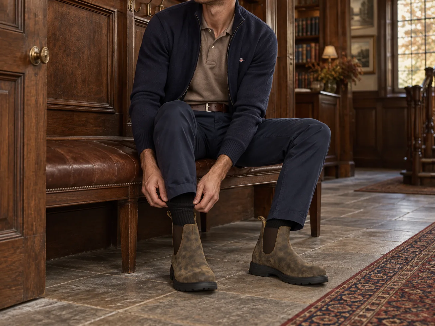 Mand i navy GANT-cardigan, brun polo, navy chinos, sorte uldsokker og brune Chelsea-støvler