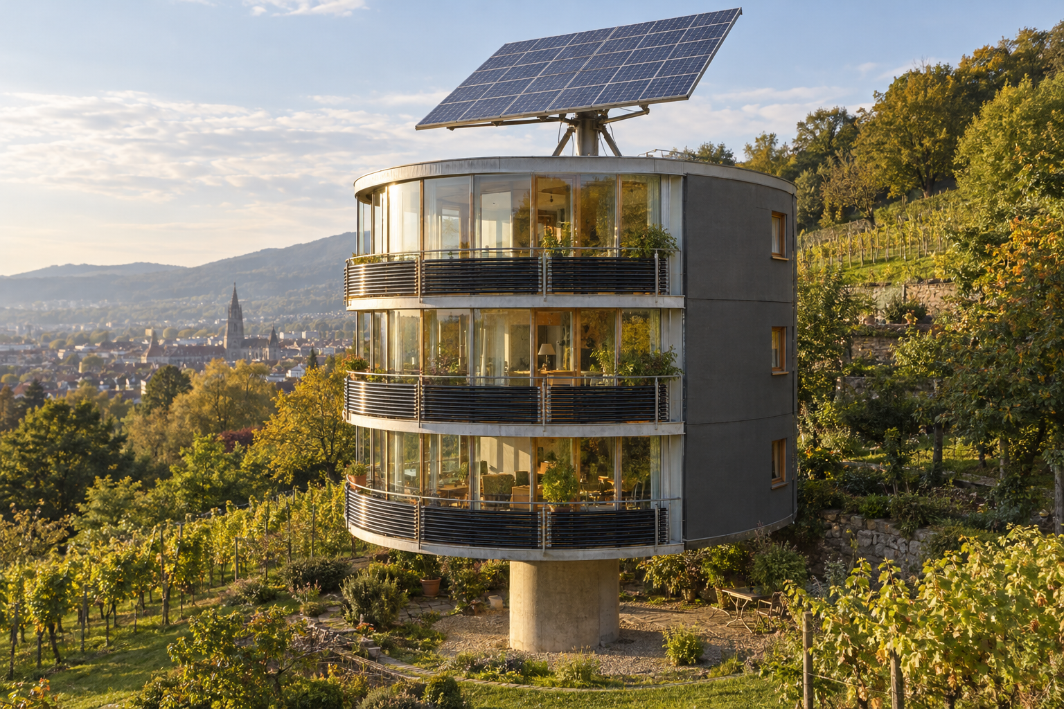 Illustration inspireret af Heliotrop-huset i Freiburg.