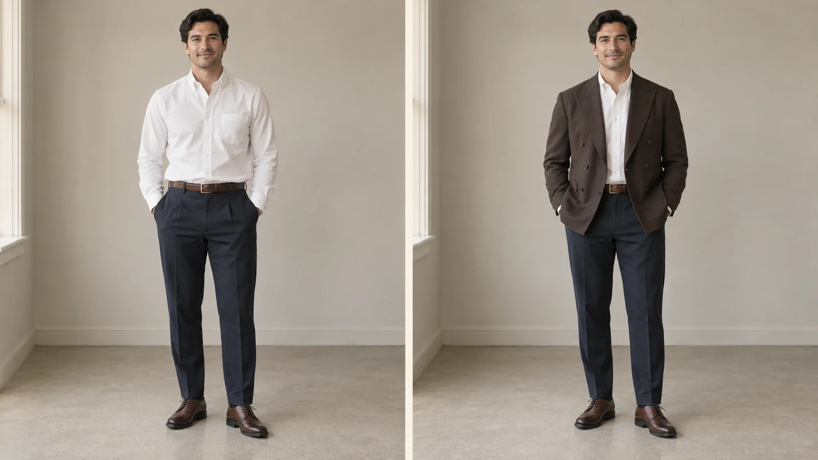 Samme mand i hvid skjorte og mørkeblå bukser uden og med brun blazer