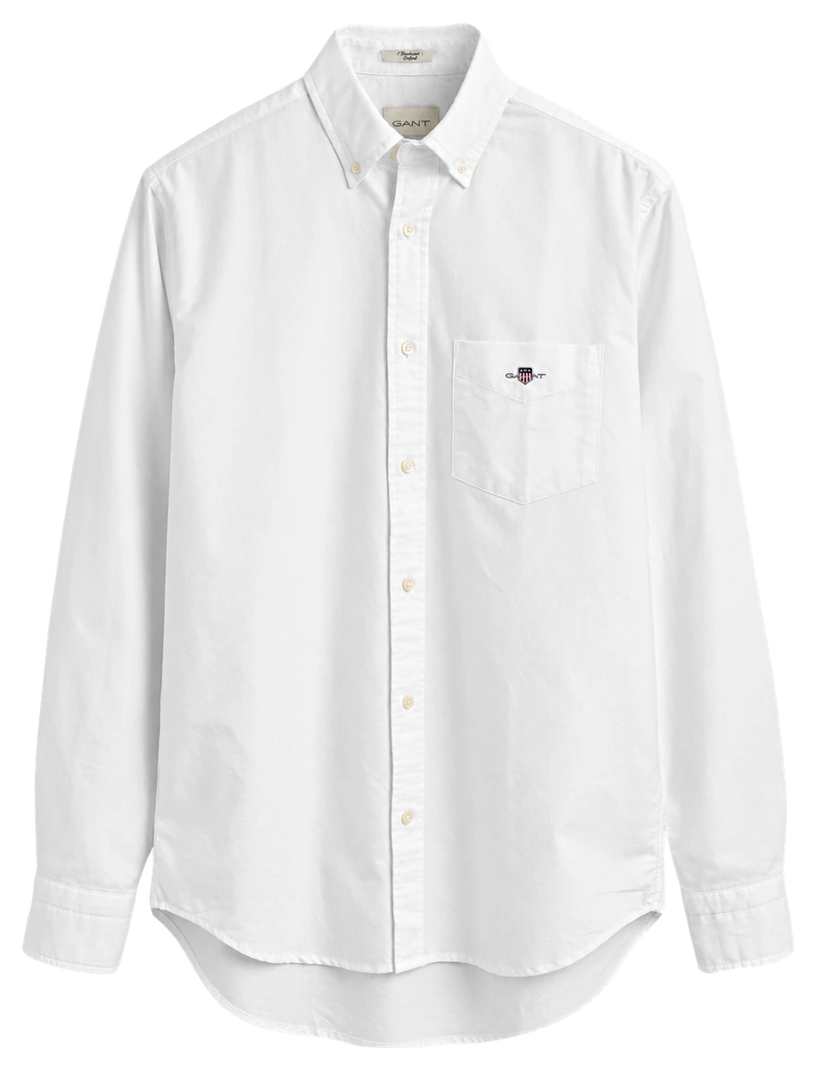 Hvid Gant-oxfordskjorte med button-down-krave, brystlomme og broderet logo