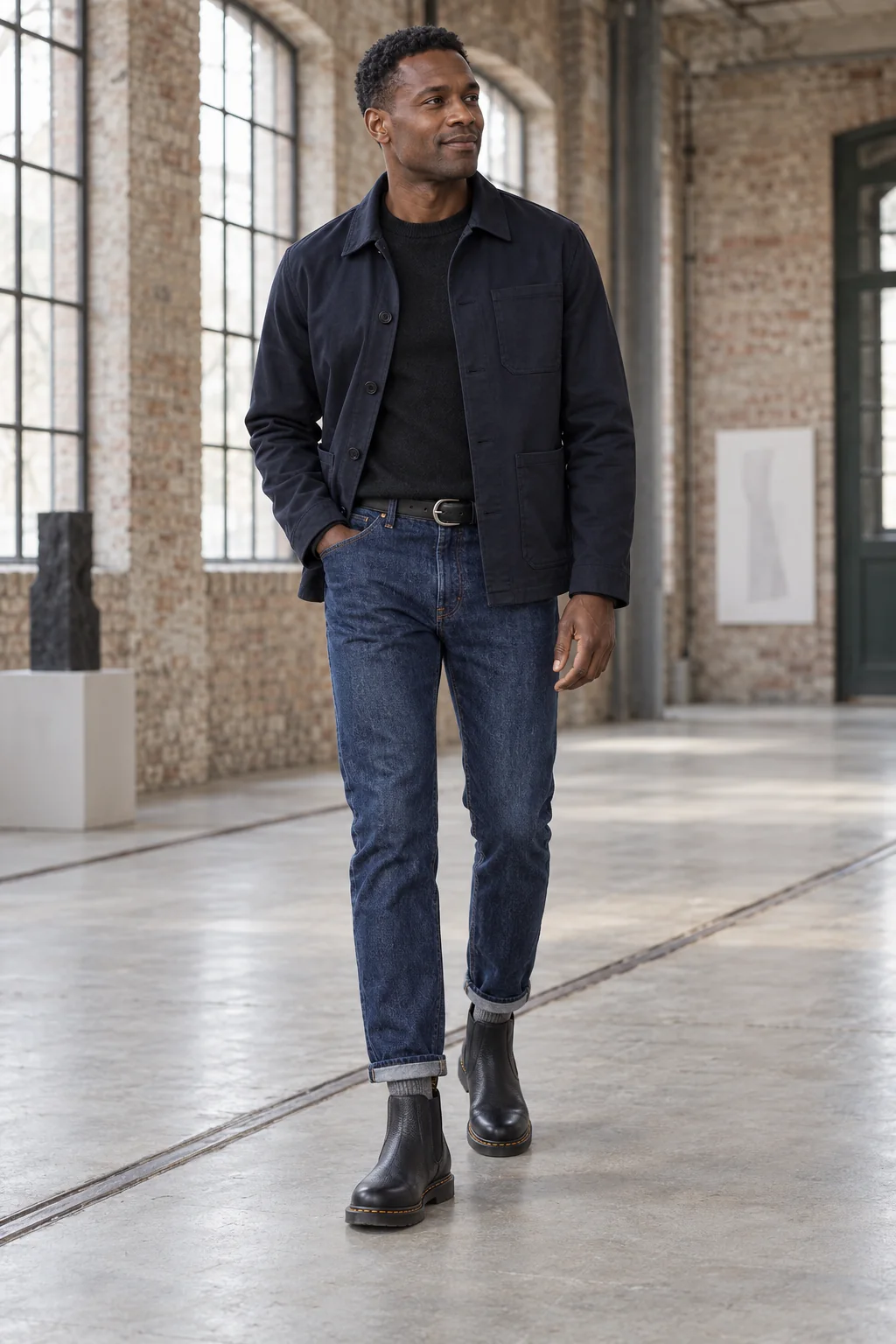Mand i marineblå workwear-jakke, sorte strik, lige blå jeans og sorte Chelsea-støvler