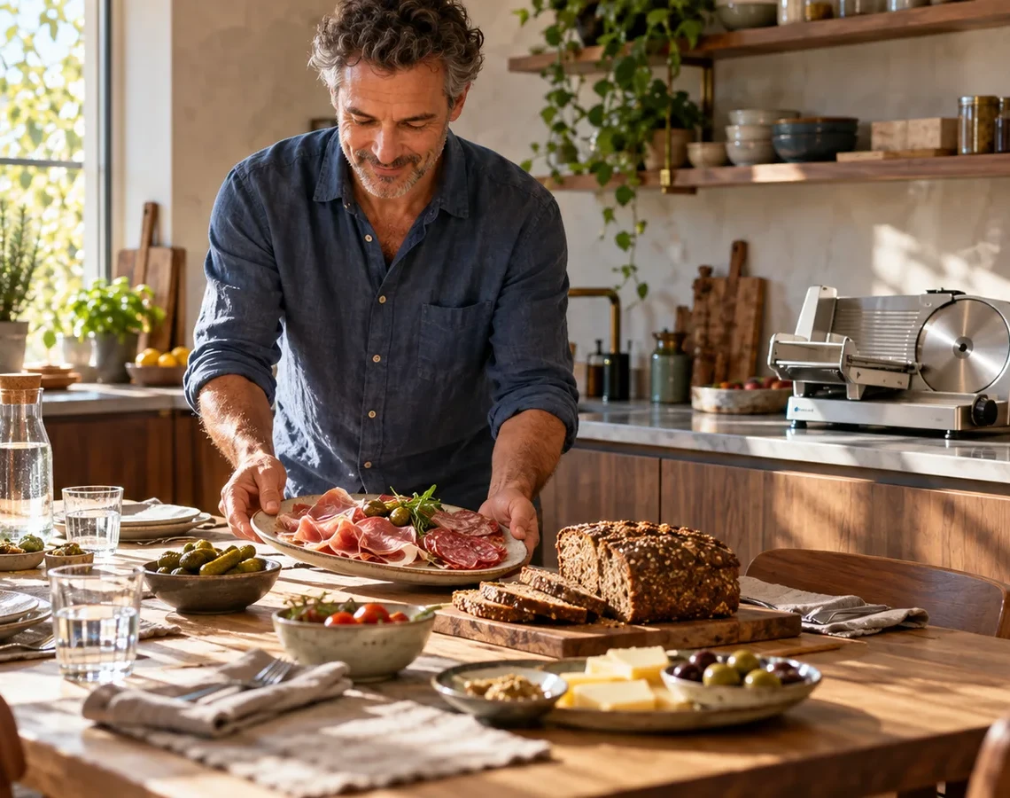 En mand serverer charcuteri ved et frokostbord med rugbrød og en pålægsmaskine i køkkenet
