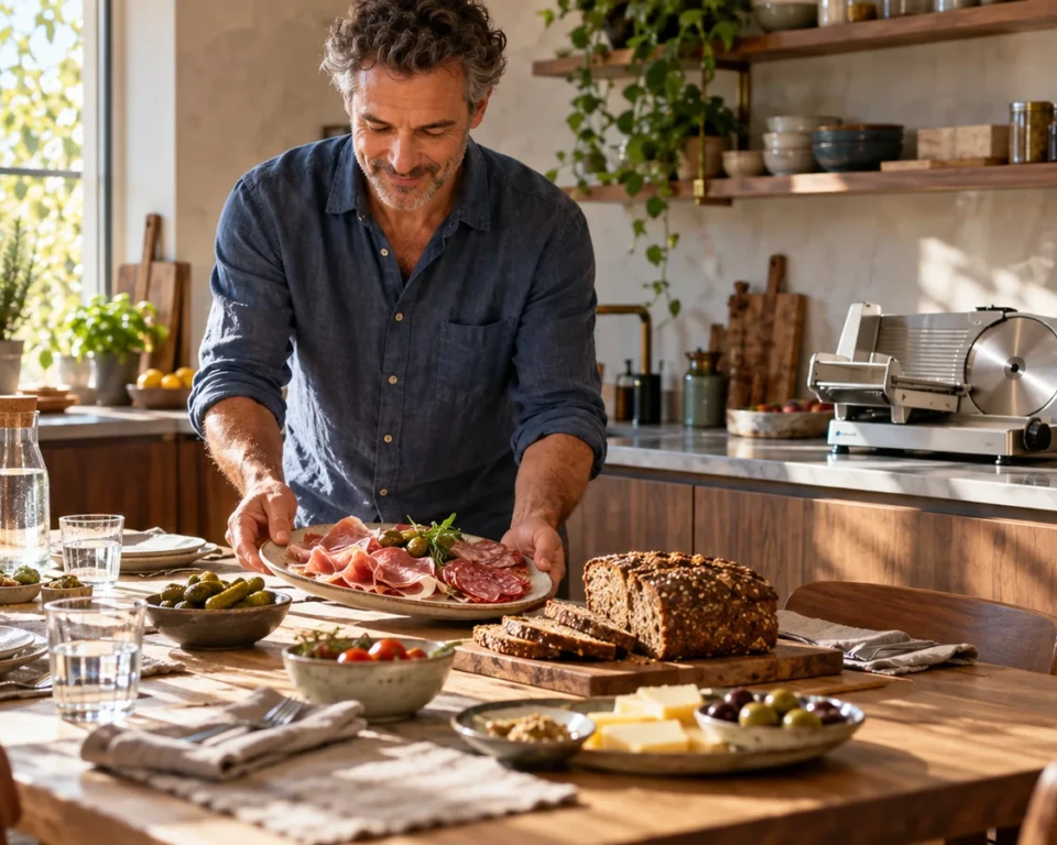 En mand serverer charcuteri ved et frokostbord med rugbrød og en pålægsmaskine i køkkenet