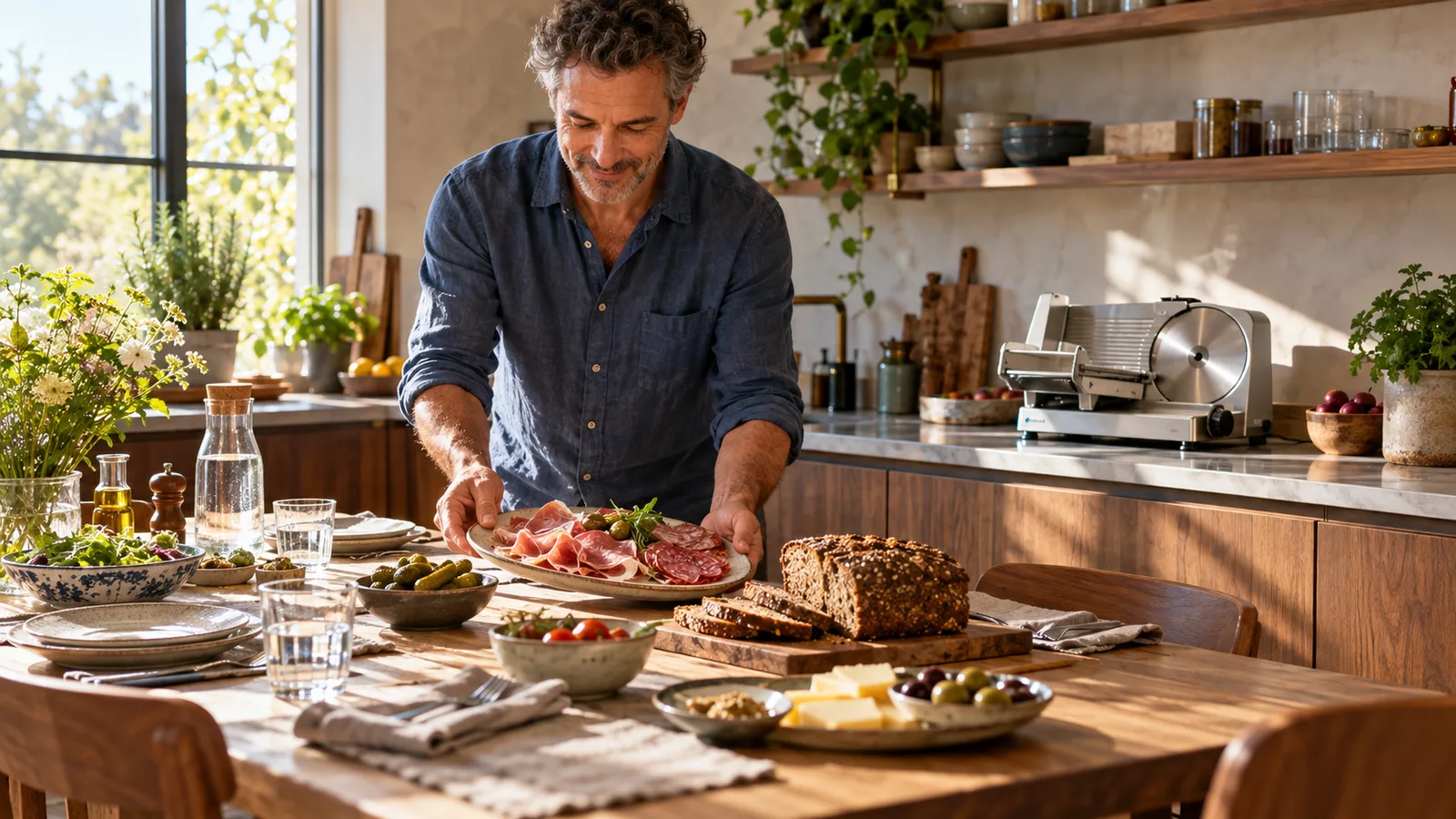 En mand serverer charcuteri ved et frokostbord med rugbrød og en pålægsmaskine i køkkenet