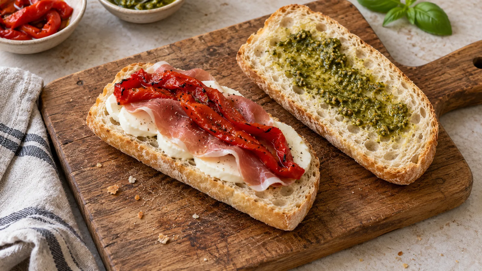 Åben ciabatta med ost, skinke og peberfrugt fordelt i et moderat lag
