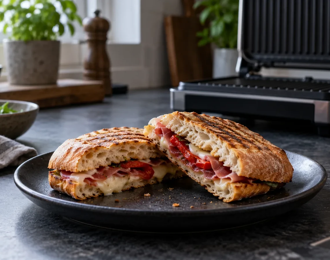 Sprød ciabatta med smeltet ost på en mørk tallerken