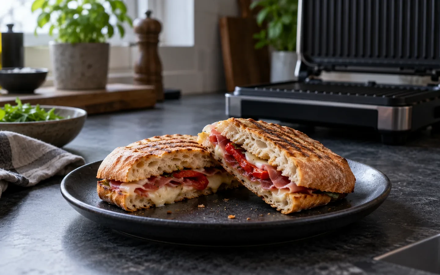 Sprød ciabatta med smeltet ost på en mørk tallerken