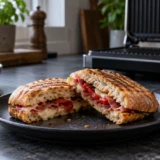 Sprød ciabatta med smeltet ost på en mørk tallerken