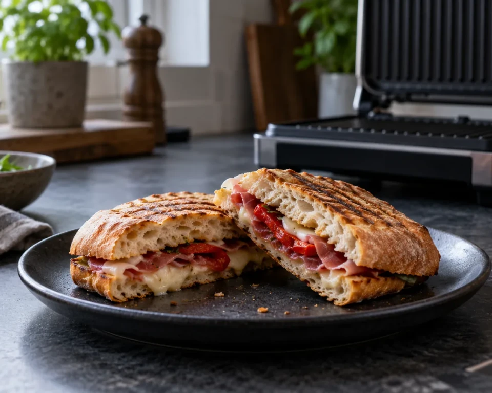Sprød ciabatta med smeltet ost på en mørk tallerken