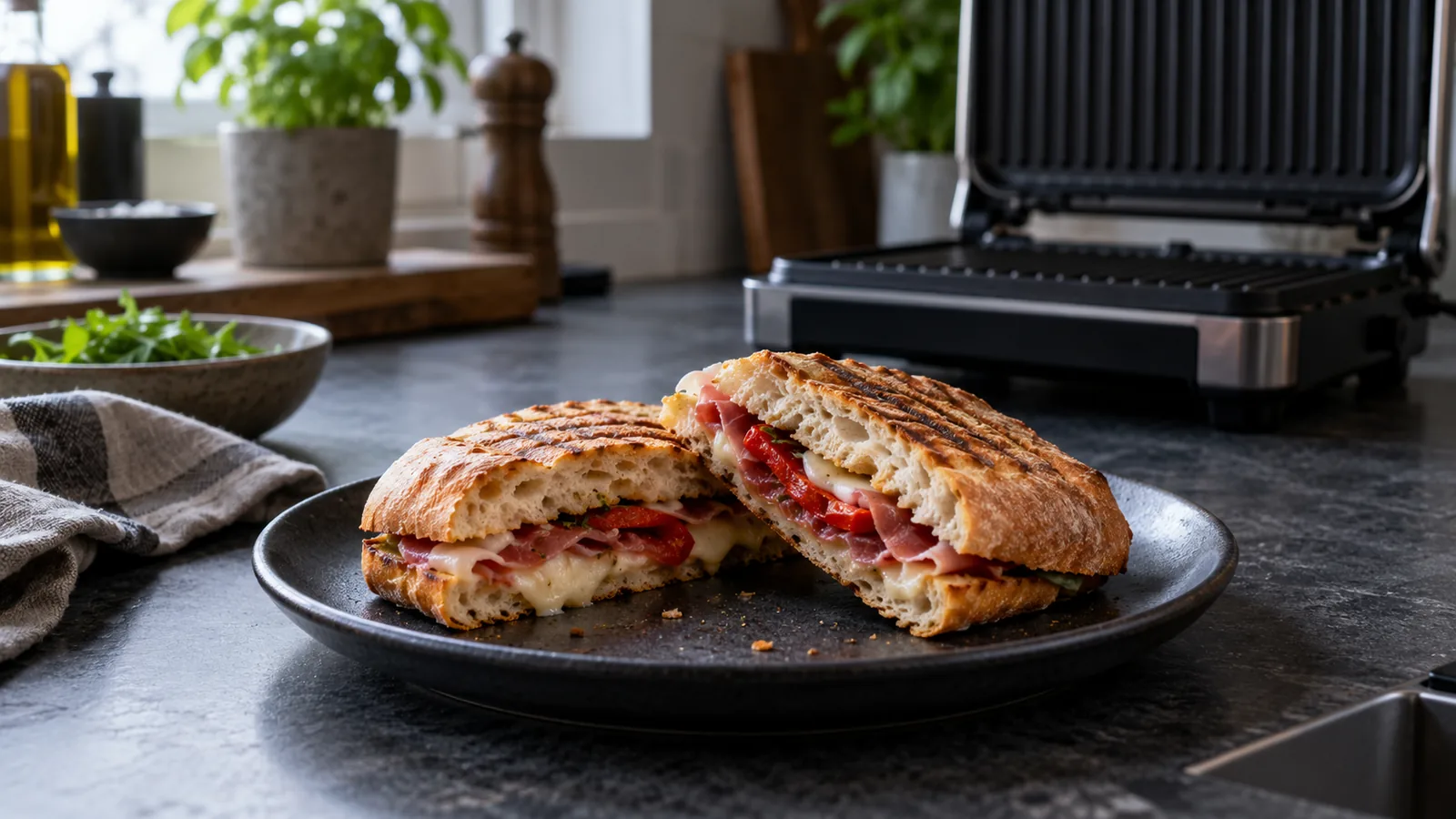 Sprød ciabatta med smeltet ost på en mørk tallerken