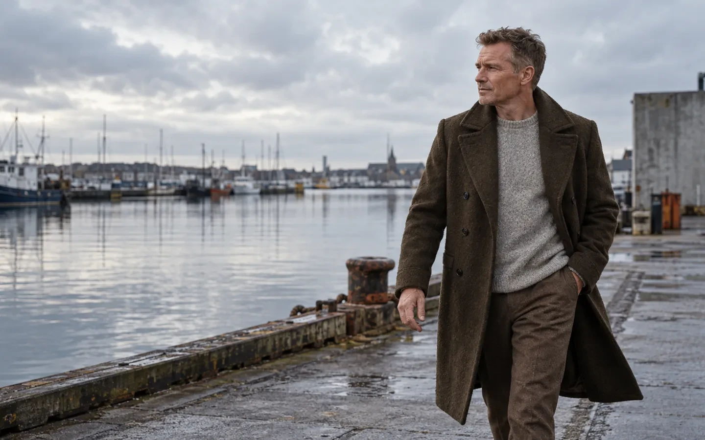 Mand i brun frakke og grå strik ved havnen