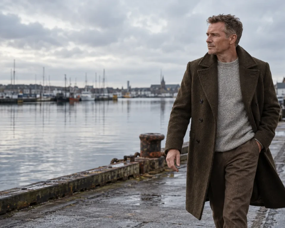 Mand i brun frakke og grå strik ved havnen