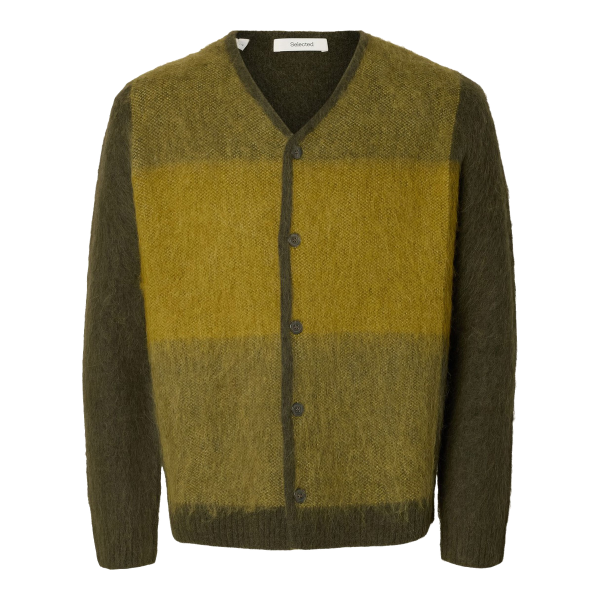 Grøn cardigan fra Selected med brede farvefelter