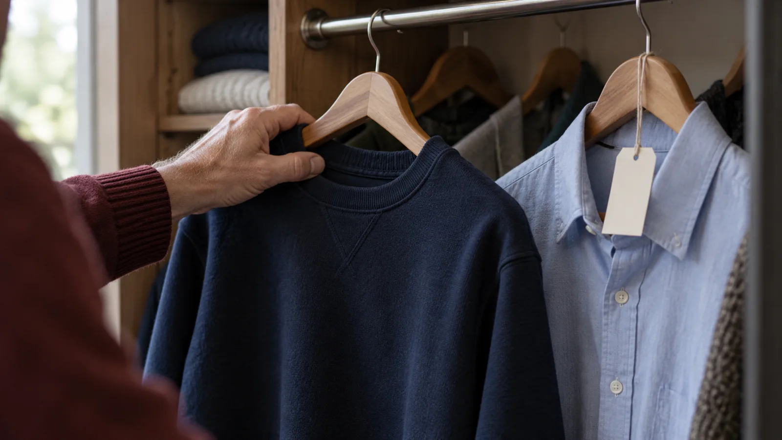 Hånd vælger en mørk sweatshirt ved siden af en ny skjorte i garderoben