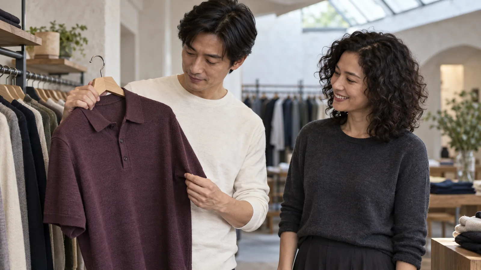 Mand ser på en strikket polo sammen med en ledsager i en tøjbutik