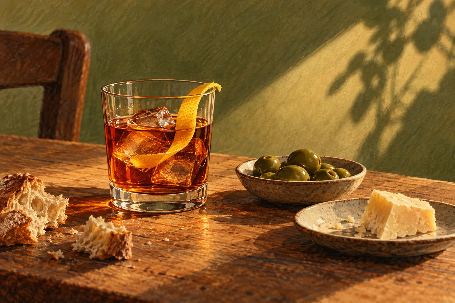 Illustration af et glas vermouth med is og citronskal, oliven, ost og brød på et bord
